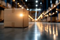 Cardboard box on warehouse floor with blurred storage facility background and warm lighting creating reflective surface effect for logistics concept.