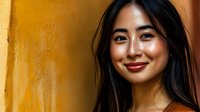 Young Asian woman with long dark hair and natural makeup smiling confidently against vibrant yellow wall background, portrait orientation with copy space for lifestyle content.
