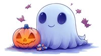 Cute cartoon ghost character with big eyes next to carved pumpkin lantern and purple bats, halloween themed illustration in soft watercolor style on white background.