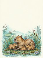 Watercolor capybara family with babies resting by pond surrounded by aquatic plants and reeds on cream background for nature designs.