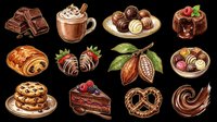 Watercolor chocolate sweets clipart set with cocoa, truffles, cake, cookies, pretzel, croissant, and strawberries, isolated on transparent background for stickers, sublimation, and t-shirt design.