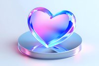 Glowing heart shape in pink and blue gradient colors on metallic platform with soft illumination and reflective surface. Modern romantic design element.