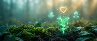Glowing neon plant sprout with heart and wellness icons floating above moss-covered forest ground, symbolizing eco-friendly growth, sustainability, and environmental care for green living concepts.
