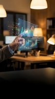 Businessman holding holographic financial data display with stock charts and analytics in modern office workspace for business intelligence and investment analysis.