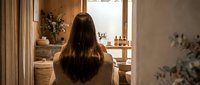 Young woman with long brown hair standing in doorway of cozy wooden kitchen interior with natural lighting and rustic home decor elements.
