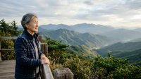 Senior Asian woman in casual plaid shirt standing on wooden deck overlooking mountain valley landscape, contemplative travel and nature exploration concept for lifestyle and wellness content.