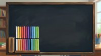Colorful markers arranged in rows next to wooden holder on dark chalkboard with blurred bookshelf background, suitable for education and creative design projects.