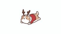 Cute cartoon guinea pig wearing reindeer antlers and red Christmas outfit lying flat on stomach, perfect for holiday greeting cards.