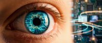 Close-up of human eye with bright blue iris reflecting digital technology circuits and data streams representing artificial intelligence and futuristic vision.