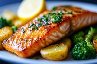 Grilled salmon fillet with crispy skin, garnished with fresh herbs, served alongside roasted potatoes and steamed broccoli on white plate, lemon wedge for seasoning.