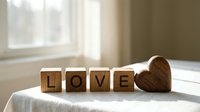 Wooden letter blocks spelling LOVE beside a carved heart on a sunlit table, evoking warmth, romance, and heartfelt connection.