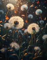 Magical evening scene with fluffy dandelion seeds floating among orange butterflies in dark moody garden, backlit by golden sunlight creating dreamy atmosphere.
