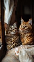 Two majestic cats, tabby and ginger Maine Coon breeds, sitting together by window on textured fabric in warm natural lighting, creating cozy domestic scene.