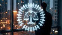 Businessman silhouette viewing glowing justice scales hologram through office window at night with city lights background for legal technology concepts.