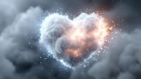 Glowing heart-shaped cloud formation with sparkling particles and warm light effects against dramatic stormy sky background for romantic designs.