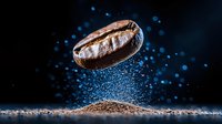 Floating coffee bean with ground coffee dust and blue bokeh lights on dark background, dramatic macro photography for beverage and cafe marketing.