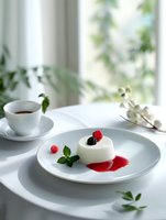 Elegant panna cotta dessert with fresh berries and raspberry sauce on white plate, accompanied by cup of coffee and minimal floral decor in bright setting.