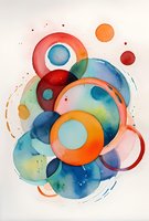 Vibrant watercolor circles in orange, blue and red overlap creating an abstract composition with fluid organic shapes and translucent color blending on white background.