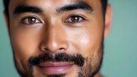 Close up portrait of Asian male with mustache and beard smiling confidently against mint green background, professional headshot style photo for business and personal branding.