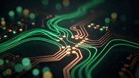Glowing circuit board pathways with green and gold neon lines flowing across dark surface, representing digital technology, data flow, and electronic connectivity for tech backgrounds.