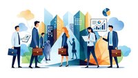 Business professionals walking in modern city with charts and briefcases representing corporate growth and urban development success.