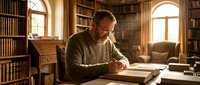Middle-aged Caucasian man with beard writing in book at wooden desk in traditional library with bookshelves and warm sunlight streaming through windows.
