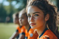 Young female athlete with curly hair in orange sports uniform smiling confidently during outdoor team practice session with teammates in background.