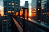 Urban rooftop railing at sunset with glowing cityscape and skyscrapers in background, golden hour lighting for architectural and travel photography.