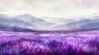 Dreamy watercolor landscape with purple lavender field stretching to misty mountain range, perfect for wall art, greeting cards and romantic designs.