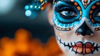 Close up portrait with traditional sugar skull face paint in vibrant turquoise and orange colors against dark background, dramatic eye makeup and artistic details.