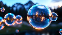 Luminous soap bubbles floating in twilight air with magical golden light reflections and bokeh effects creating dreamy atmospheric scene at dusk.
