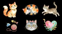 Cute cats and kittens collection isolated on transparent background. Includes playful orange tabby, calico kitten, striped cat, cat face with glasses, yarn ball, fish bone and floral heart. Ready for t-shirt design, stickers, clipart and print-on-demand products.