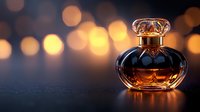 Elegant perfume bottle with amber liquid against blurred golden bokeh background, creating luxurious atmosphere for fragrance advertising.