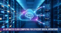 AI-optimized cloud computing for efficient digital operations with glowing neon interface in modern data center server room background.