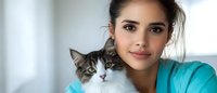Young female veterinarian in turquoise scrubs holding adorable tabby and white kitten in modern clinic setting for pet care and animal health concepts.