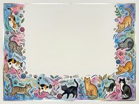 Colorful cat border frame with playful kittens and floral elements on beige background. Decorative pet-themed design for greeting cards and invitations.