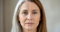 Split face comparison showing aging process from young to mature woman with natural skin transformation and wrinkles development over time.