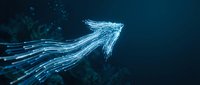 Digital arrow made of glowing blue light trails and particles pointing forward on dark background representing growth, progress and future technology.