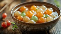 Colorful tapioca pearls in sweet syrup served in ceramic bowl, traditional Asian dessert with translucent bubbles in orange, green and white colors.