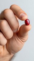 Close-up of fingers holding small red oval pill or supplement against neutral background, showcasing pharmaceutical or nutritional product.