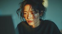 Young Asian woman with tousled hair in dramatic lighting and shadows wearing black sweater for portrait photography and fashion editorial content.