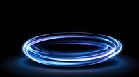 Glowing blue and white neon light rings create dynamic circular trails against dark background, abstract light painting effect for technology and motion designs.