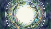 Enchanted forest circle frame with glowing center, lush greenery, mushrooms, and stars in watercolor style for fantasy design.
