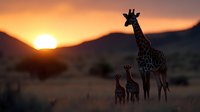 African giraffe family silhouettes against golden sunset in savanna landscape with mountains. Wildlife safari scene for nature photography and travel content.