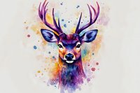Majestic deer head with purple antlers and cosmic eyes against watercolor splashes background, artistic wildlife portrait in vibrant colors and dreamy style.