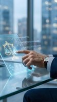 Male professional in business suit interacting with holographic legal interface displaying scales of justice, analytics, and corporate governance icons in modern office with city skyline backdrop.