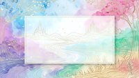 Colorful watercolor background with white frame for text, featuring abstract landscape elements and rainbow gradient colors for creative design projects.