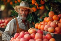 Senior Caucasian farmer in straw hat and overalls smiling while standing at market stall with fresh oranges and apples, organic produce display in warm lighting.