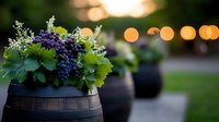 Purple grapes with green leaves arranged in rustic wooden barrel planter creating elegant garden decoration with warm bokeh lights in background.