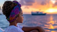 Young African woman in colorful headwrap gazing at ocean sunset with fishing boat silhouette, wearing white top, peaceful contemplative moment at dusk.